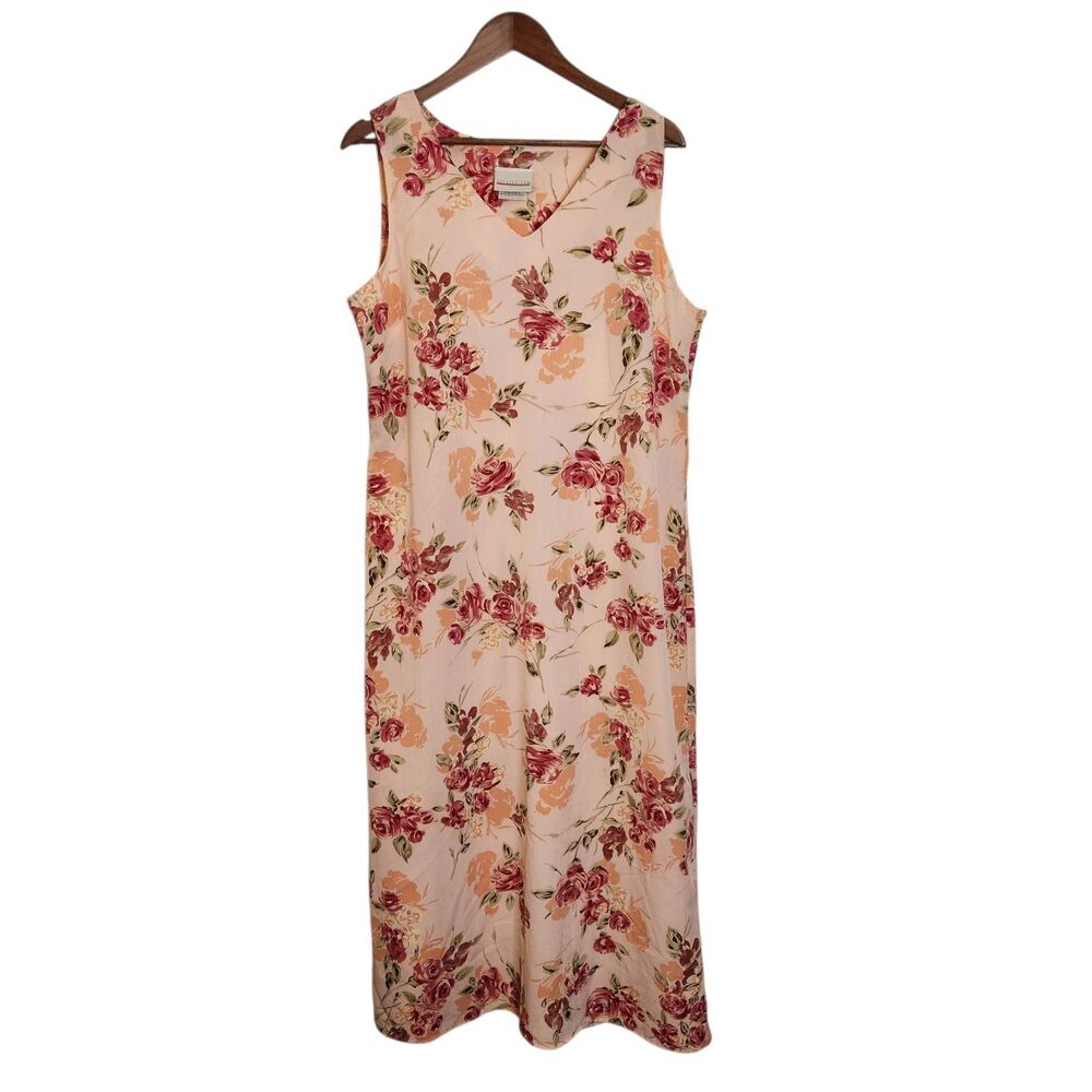 Vtg Expressions Sleeveless Pink Floral V Neck Maxi Dress Womens Size 18 USA Made